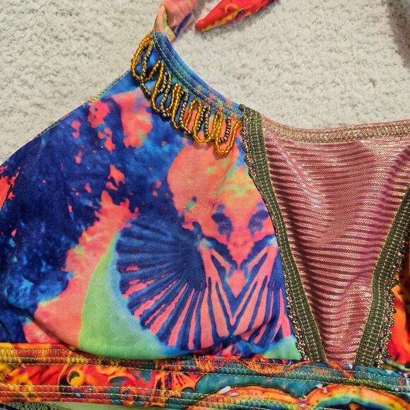Protokolo Swimwear Abstract Print Beaded Bikini Top Size M Boho Hippie - Picture 3 of 10